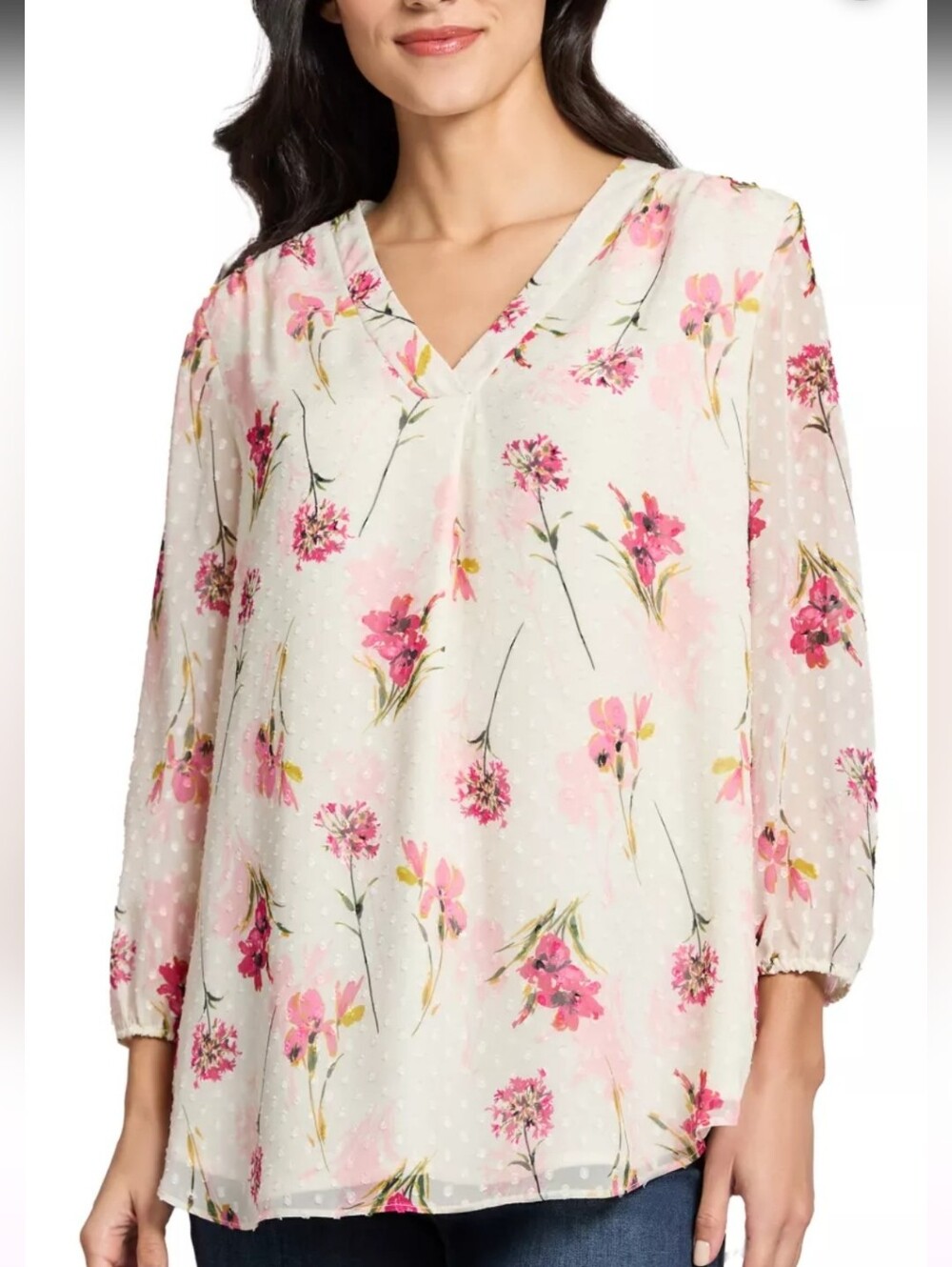 Jones New York Pink Floral V-Neck Sheer Blouse on Cream
